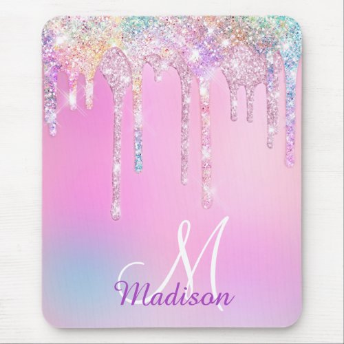 Cute Pink Unicorn Rainbow Glitter Drips monogram Mouse Pad
