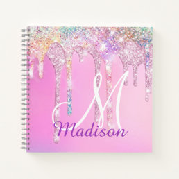 Cute Pink Unicorn Rainbow Glitter Drips monogram N Notebook