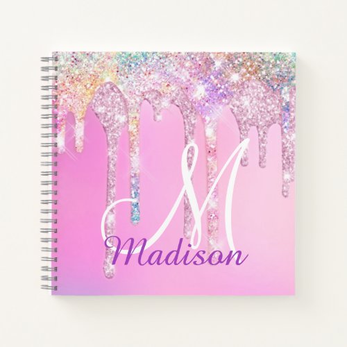 Cute Pink Unicorn Rainbow Glitter Drips monogram N Notebook