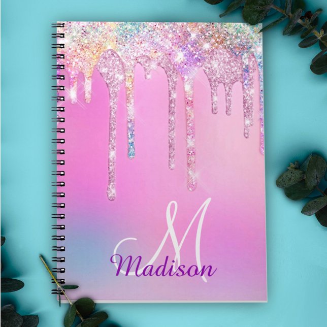 Cute Pink Unicorn Rainbow Glitter Drips monogram Notebook (Creator Uploaded)