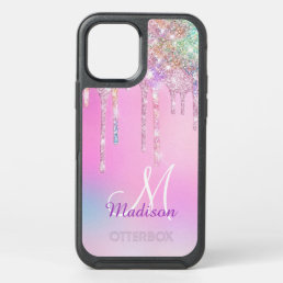 Cute Pink Unicorn Rainbow Glitter Drips monograM OtterBox Symmetry iPhone 12 Pro Case