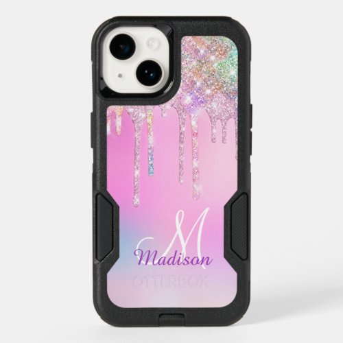 Cute Pink Unicorn Rainbow Glitter Drips monogram  OtterBox iPhone 14 Case