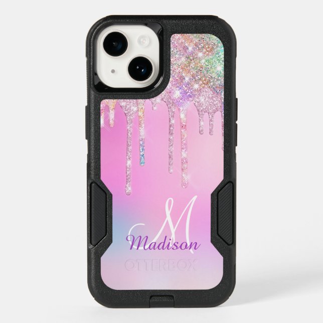 Cute Pink Unicorn Rainbow Glitter Drips monogram  Otterbox iPhone Case (Back)