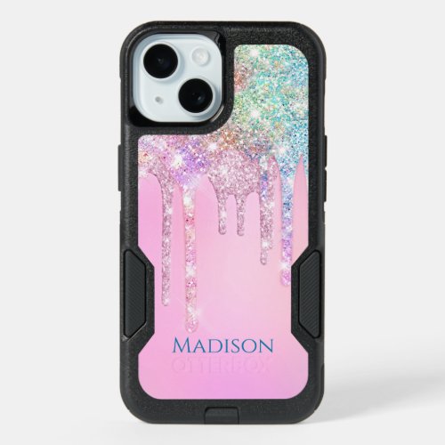 Cute Pink Unicorn Rainbow Glitter Drips monogram  iPhone 15 Case