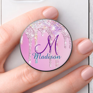 Cute Pink Unicorn Rainbow Glitter Drips monogram PopSocket