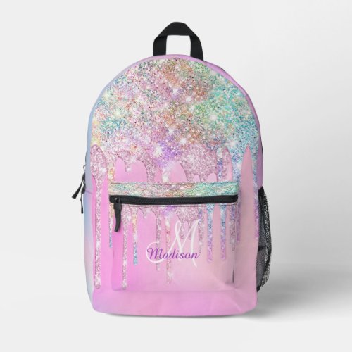 Cute Pink Unicorn Rainbow Glitter Drips monogram Printed Backpack