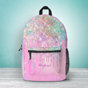 Cute Pink Unicorn Rainbow Glitter Drips monogram Printed Backpack