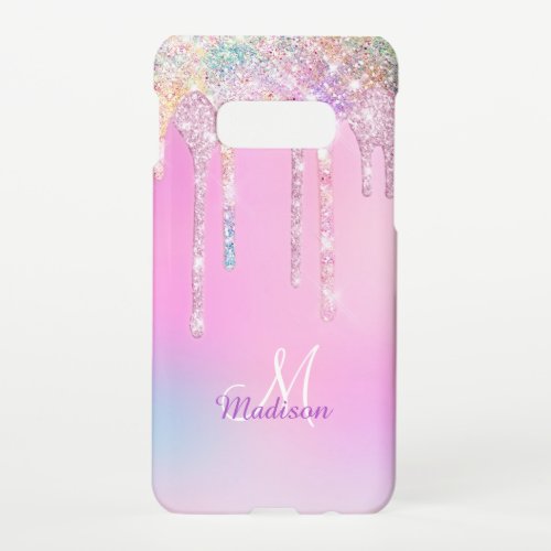 Cute Pink Unicorn Rainbow Glitter Drips monogram Samsung Galaxy S10E Case