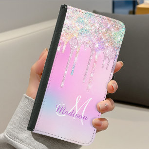 Cute Pink Unicorn Rainbow Glitter Drips monogram Samsung Galaxy S5 Wallet Case