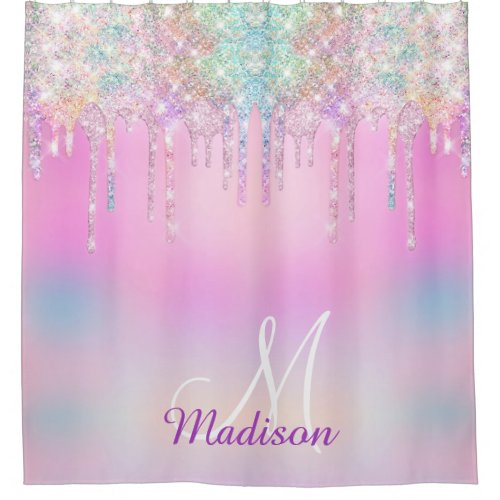 Cute Pink Unicorn Rainbow Glitter Drips monogram Shower Curtain
