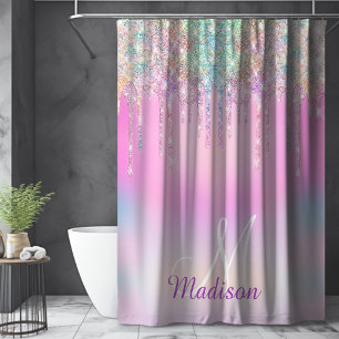 Cute Pink Unicorn Rainbow Glitter Drips monogram Shower Curtain