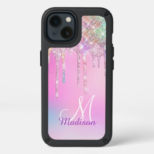 Cute Pink Unicorn Rainbow Glitter Drips monogram Speck iPhone 13 Case