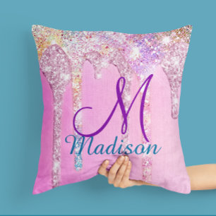 Cute Pink Unicorn Rainbow Glitter Drips monogram Throw Pillow