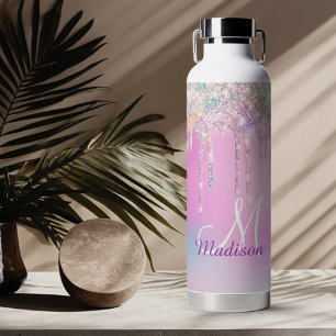 Cute Pink Unicorn Rainbow Glitter Drips monogram Water Bottle