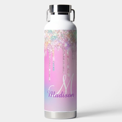 Cute Pink Unicorn Rainbow Glitter Drips monogram Water Bottle