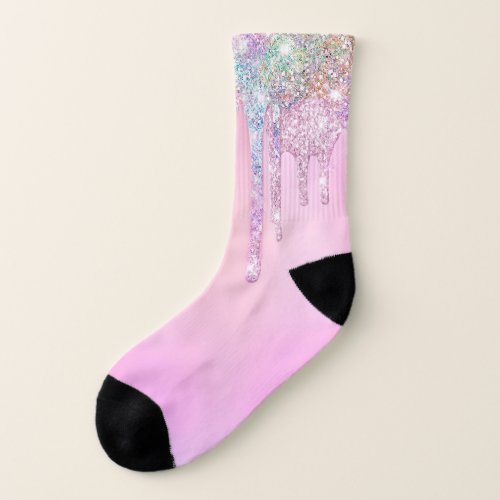 Cute Pink Unicorn Rainbow Glitter Drips Socks