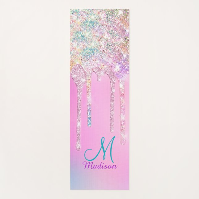 Cute Pink Unicorn Rainbow Glitter Drips Yoga Mat (Front)