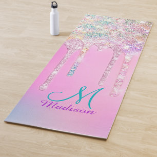 Cute Pink Unicorn Rainbow Glitter Drips Yoga Mat