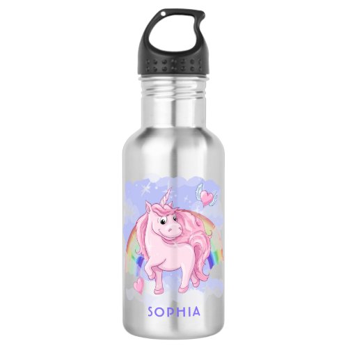 Cute Pink Unicorn Rainbow Modern Girly Custom Name Stainless Steel Water Bottle