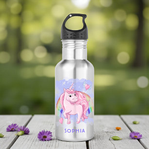 Cute Pink Unicorn Rainbow Modern Girly Custom Name Stainless Steel Water Bottle