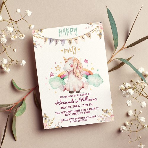 Cute Pink Unicorn Rainbow Watercolor Birthday Invitation