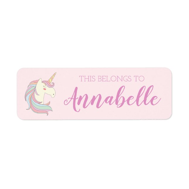 Cute Pink Unicorn School Book Name Sticker Label (Front)