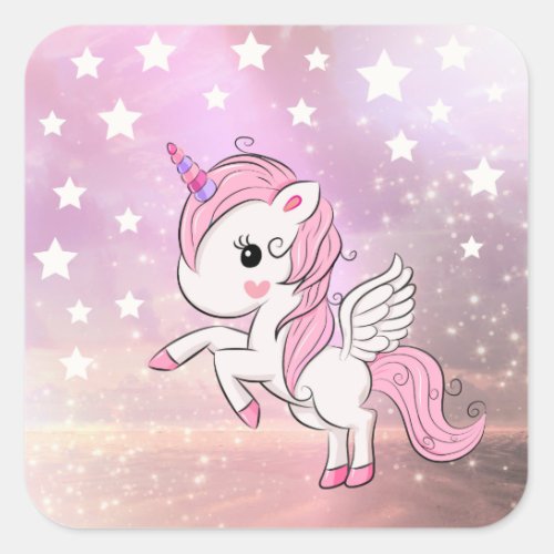 Cute Pink Unicorn Stardust Birthday Baby Shower Square Sticker