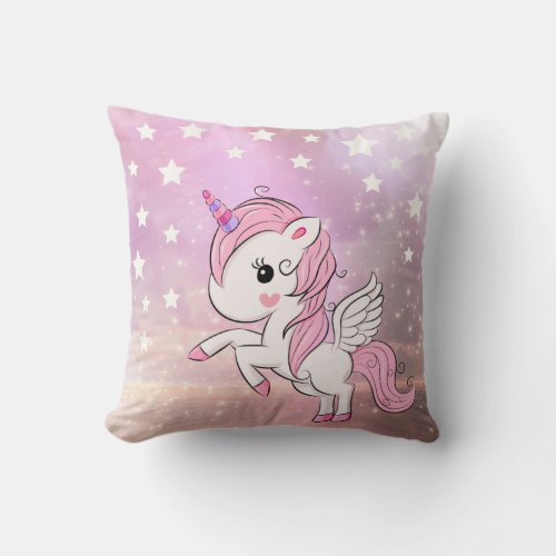 Cute Pink Unicorn Stardust Girls Bedroom Nursery Throw Pillow