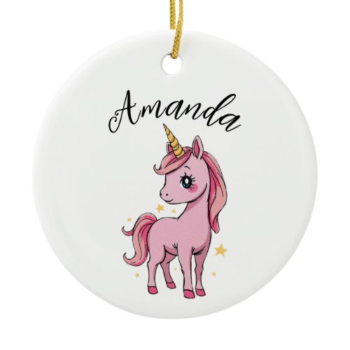 Cute Pink Unicorn Stars Girl Name Ceramic Ornament