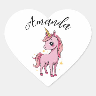 Cute Pink Unicorn Stars Girl Name Heart Sticker