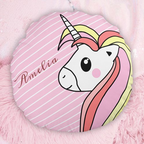Cute Pink Unicorn Stripe Pattern Girl Name Round Pillow
