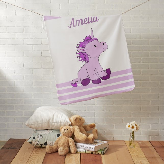 Cute Pink Unicorn Stripes Baby Girl Name Baby Blanket (In Situ)