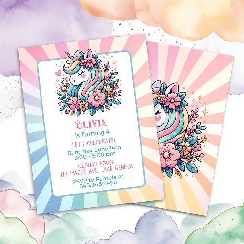 Cute Pink Unicorn themed Girls Birthday Invite