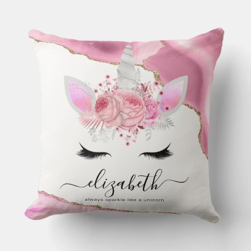 Cute Pink Unicorn Throw Pillow - Kids bedroom home decor pillow featuring pink and gold glitter agate crystal edges, a cute unicorn face with girly florals, the childs name in a elegant calligraphy font, and a personalized saying that can be deleted.