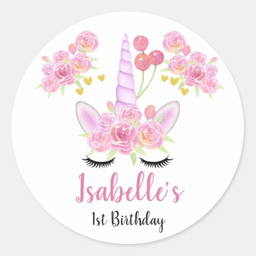 Cute Pink Unicorn Watercolor Florals Birthday Classic Round Sticker