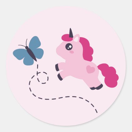Cute Pink Unicorn with a Butterfly Classic Round Sticker