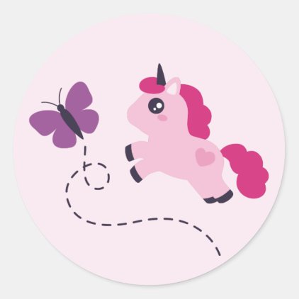 Cute Pink Unicorn with a Butterfly Classic Round Sticker