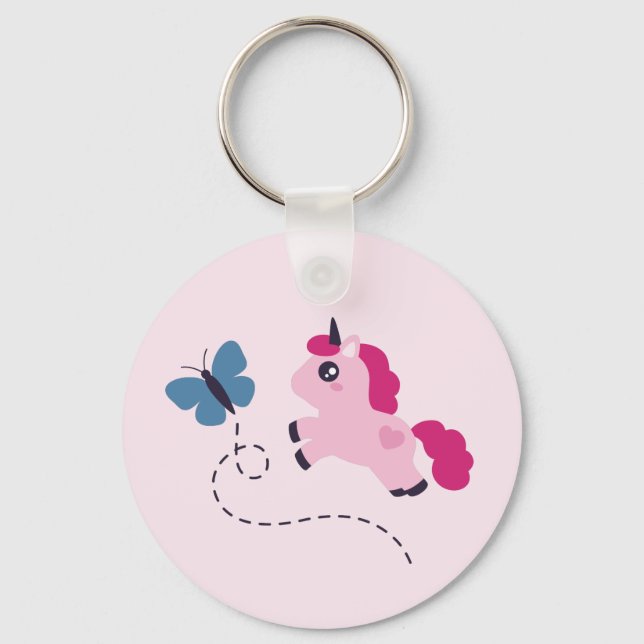 Cute Pink Unicorn with a Butterfly Keychain (Front)