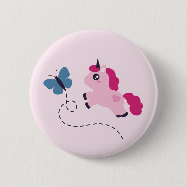 Cute Pink Unicorn with a Butterfly Pinback Button (Front)