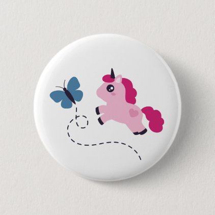 Cute Pink Unicorn with a Butterfly Pinback Button