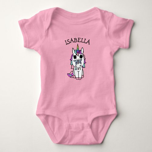 Cute Pink Unicorn with Butterfly on Nose Baby Bodysuit