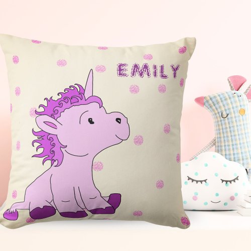 Cute Pink Unicorn with Name Nursery Throw Pillow