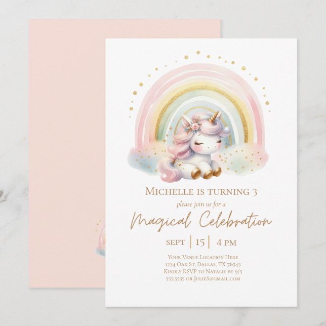 Cute Pink Unicorn with Rainbow Birthday Invitation (Front/Back)