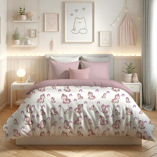 Cute Pink Unicorn with Rainbow Duvet Cover