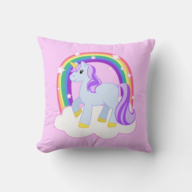 Cute Pink Unicorn with Sparkly Rainbow Throw Pillow (Front)