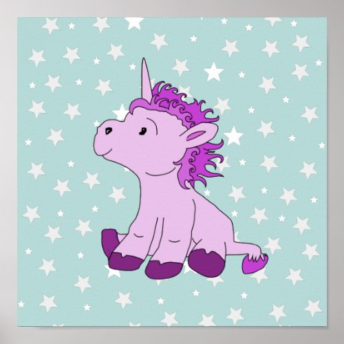 Cute Pink Unicorn with Stars Girl Nursery Poster