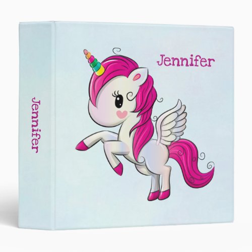 Cute Pink Unicorn with Wings 3 Ring Binder