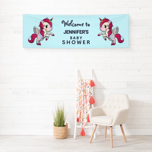 Cute Pink Unicorn with Wings Baby Shower Banner