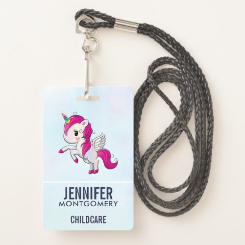 Cute Pink Unicorn with Wings Badge