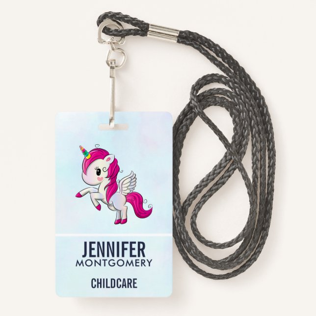 Cute Pink Unicorn with Wings Badge (Front with Lanyard)